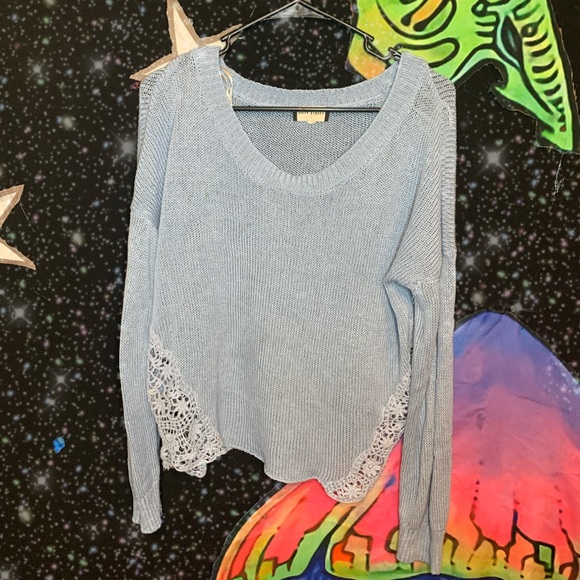 FIFTY STREET Womens Light Blue Knit Lace Crochet Side Long Sleeve Sweater - Picture 1 of 2